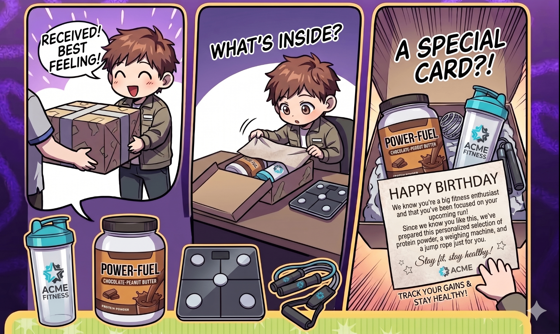 Three-panel illustration: a teammate receives a branded box, opens it to find curated gifts, and discovers a personalized card from their company founder.